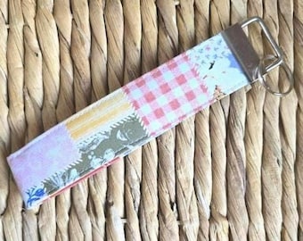 Patchwork Fabric Keychain Wristlet, Handmade Key Fob Holder, Sturdy Silver Hardware
