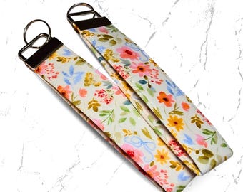 Floral Fabric Keychain Wristlet, Handmade Key Fob Holder