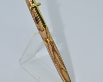Handmade Bethlehem Olive Wood Trimline Style Pen with Jesus Cross clip 22-017