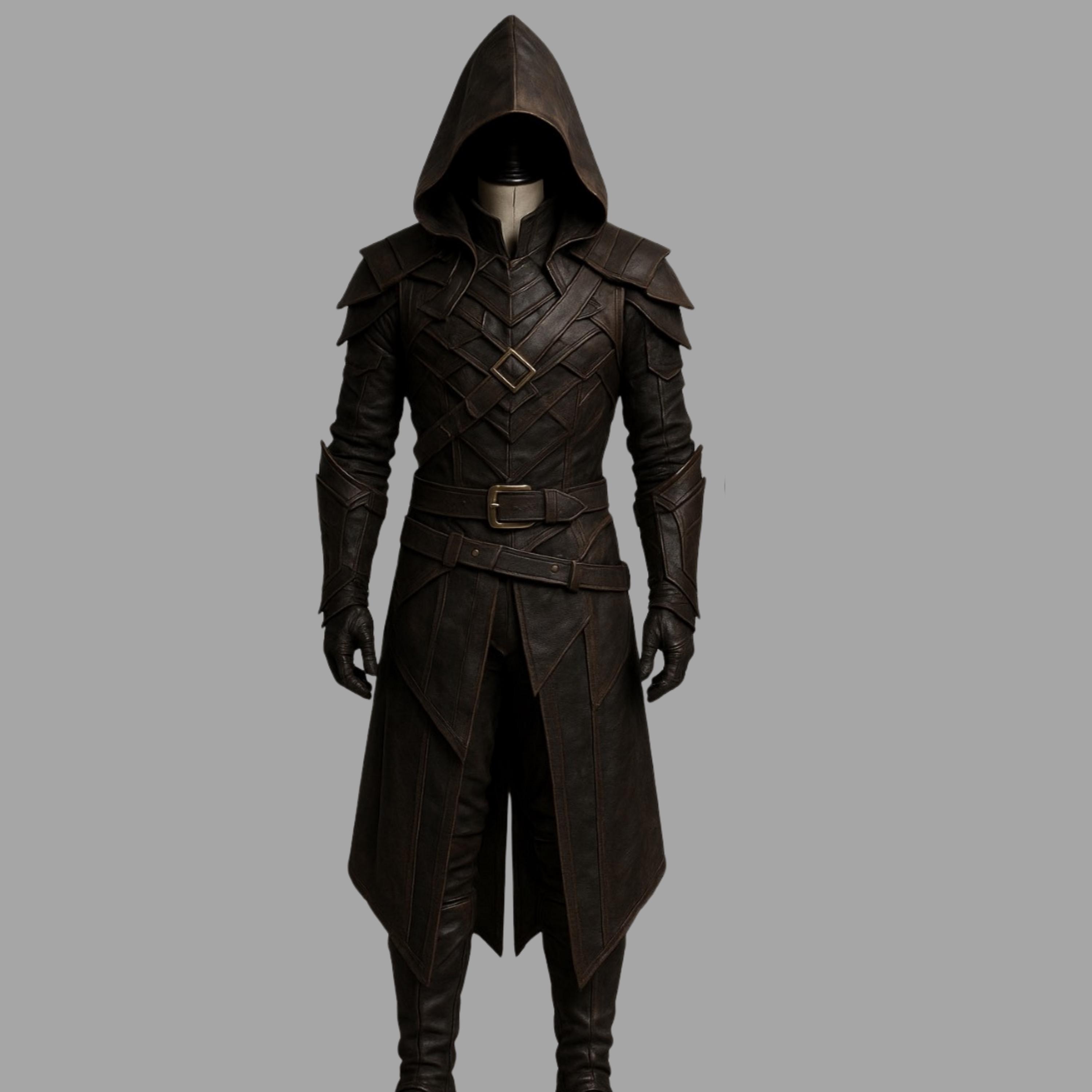 Middeleeuws leren kostuum in Assassin-stijl | Handgemaakte gotische LARP-outfit met capuchon | Aangepast bruin puur lederen cosplaykostuum