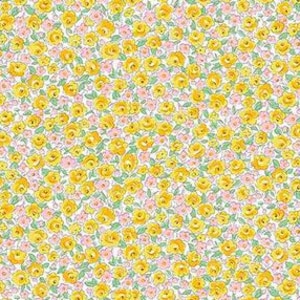 May include: A fabric with a dense pattern of small yellow and pink flowers on a white background. The floral design features tiny green leaves, creating a delicate and cheerful aesthetic. The overall look is reminiscent of a vintage floral print.