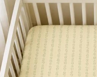Vintage Style Floral Crib Sheet , Sage Green Vine Pinstripe Fabric, Cottagecore Linens Cotton
