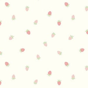 Pode incluir: Um fundo branco com um padrão repetido de morangos rosa e verdes.