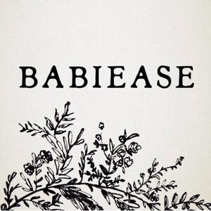 May include: A white rectangular graphic featuring the black text BABIEASE centered in the upper portion. Below the text, a black ink-style illustration of delicate leafy branches and small floral buds extends across the bottom edge of the frame.