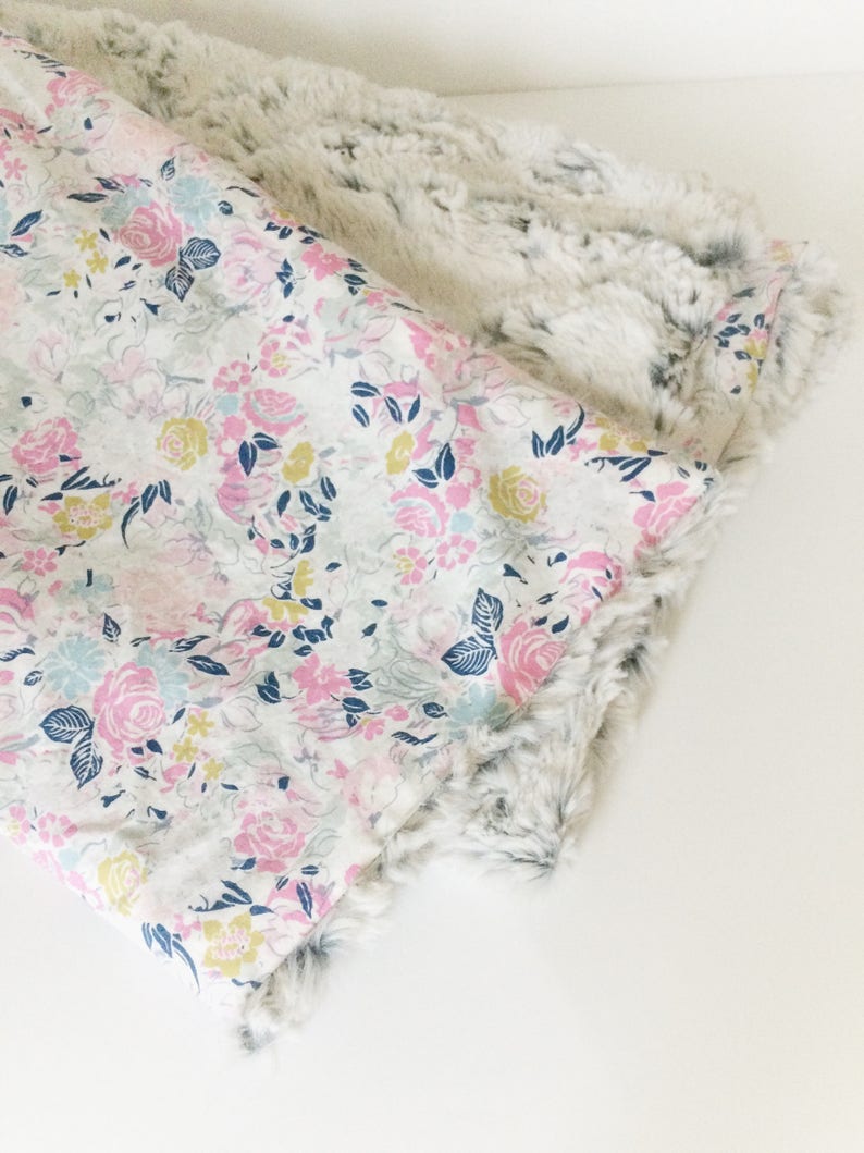 Gray Pink Blanket Girls Nursery Blanket Floral Fur Blanket Ready to Ship Girls Stroller Blanket Ready to Ship Boho Nursery Bedding
