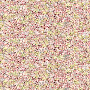 May include: A repeating pattern of small pink and yellow flowers on a cream background. The flowers are densely packed, creating a textured, floral design. The overall effect is delicate and visually appealing.
