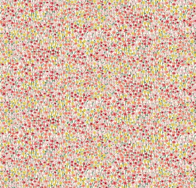 May include: A repeating pattern of small pink and yellow flowers on a cream background. The flowers are densely packed, creating a textured, floral design. The overall effect is delicate and visually appealing.