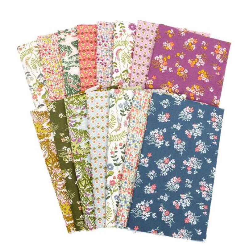 May include: A collection of floral fabric squares in various colors, including purple, blue, green, and pink. The fabrics feature diverse floral patterns, suitable for quilting or crafting projects. The arrangement showcases a variety of designs and hues.