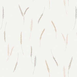 May include: A seamless pattern featuring delicate, hand-drawn sprigs of wheat in shades of beige, brown, and gray against a white background.