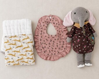 Heirloom Baby Girl Gift Set | Bunny Rabbit Burp Cloth, Double Gauze Ruffle Bib & Plush Elephant Doll | Baby Shower Gift
