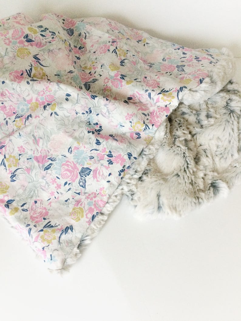 Gray Pink Blanket Girls Nursery Blanket Floral Fur Blanket Ready to Ship Girls Stroller Blanket Ready to Ship Boho Nursery Bedding