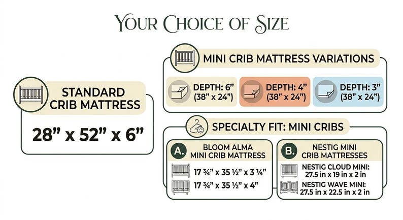May include: Diagram of crib mattress sizes and variations. Includes a standard crib mattress at 28" x 52" x 6", and mini crib mattress variations with depths of 6", 4", and 3". Also shows specialty fit mini cribs.