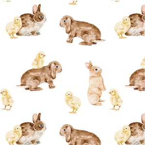 May include: A seamless pattern featuring watercolor illustrations of brown rabbits and yellow chicks. The rabbits are in various poses, some with chicks on their backs. The background is white.