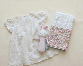Vintage Style Baby Girl Gift Set | Heirloom Batiste Dress, Plush Bunny Rattle & Floral Burp Cloth | Newborn Boutique Baby Shower Gift Basket