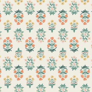 May include: A repeating pattern of stylized floral bouquets in shades of orange, yellow, pink, and teal on a cream background. The floral arrangements are symmetrical and detailed, creating a visually appealing design.