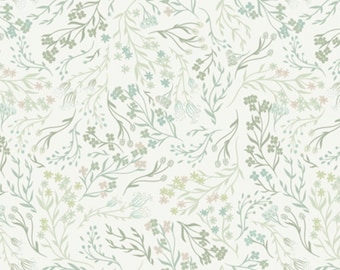 May include: A seamless pattern featuring delicate green and blue floral sprigs on a white background. The pattern is perfect for creating a calming and natural aesthetic.