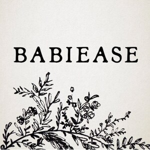 May include: Cream-colored background with the word "BABIEASE" in bold, black letters. A black and white floral illustration is at the bottom. The design is simple and elegant, suitable for baby-related products.
