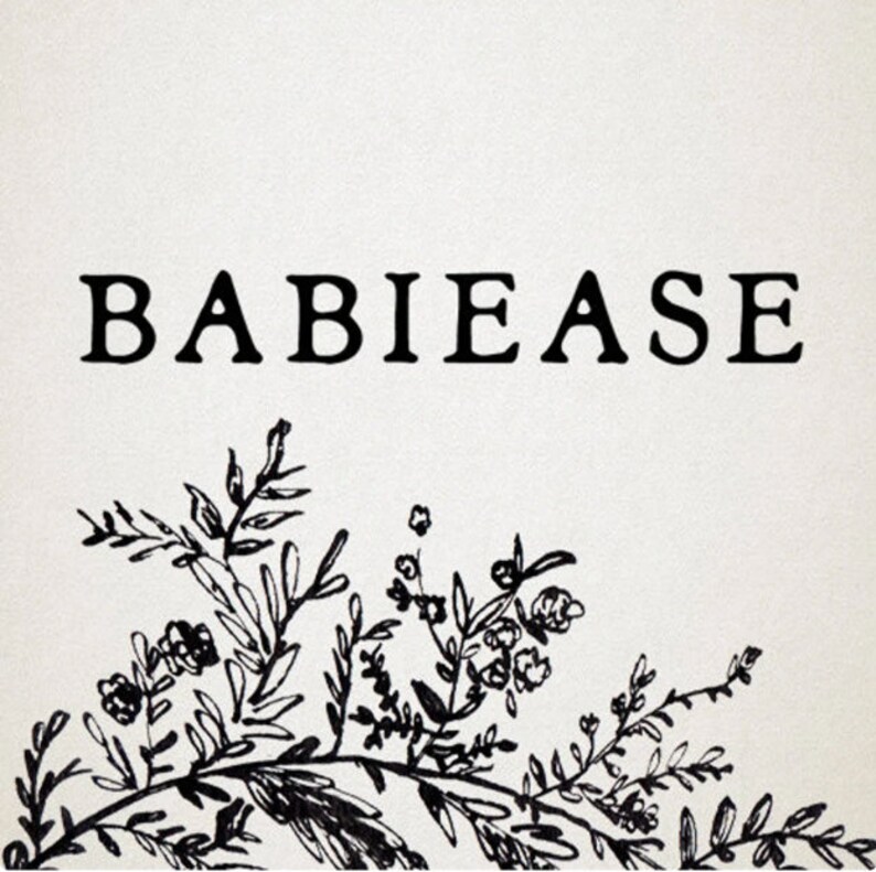 May include: Cream-colored background with the word "BABIEASE" in bold, black letters. A black and white floral illustration is at the bottom. The design is simple and elegant, suitable for baby-related products.