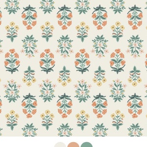 May include: A repeating pattern of stylized floral bouquets in shades of orange, yellow, pink, and green on a cream background. The design features symmetrical arrangements of flowers and leaves, creating a decorative and elegant aesthetic.