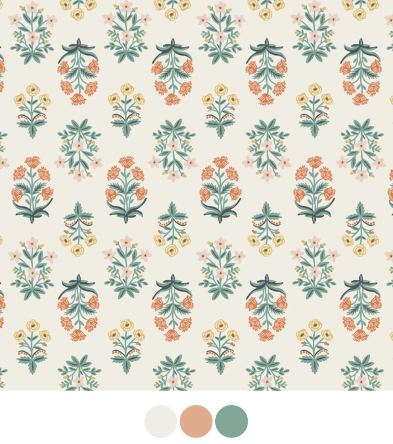 May include: A repeating pattern of stylized floral bouquets in shades of orange, yellow, pink, and green on a cream background. The design features symmetrical arrangements of flowers and leaves, creating a decorative and elegant aesthetic.