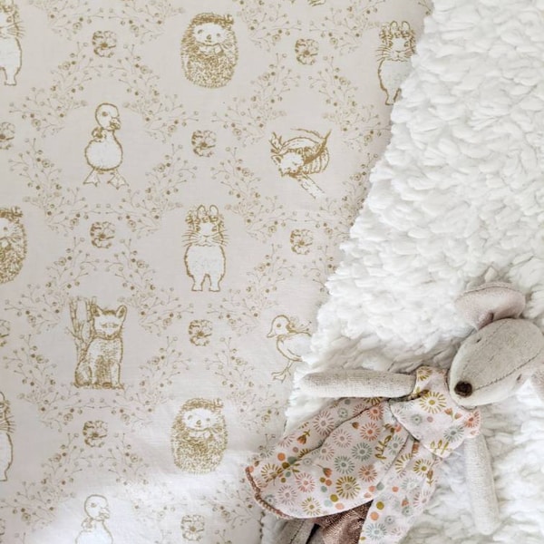 Neutral cream Crib Sheet toile Changing Pad Covers ivory Unisex Bedding Woodland Bunny Baby Bedding Set Gender Neutral Bedding Mini Sheet