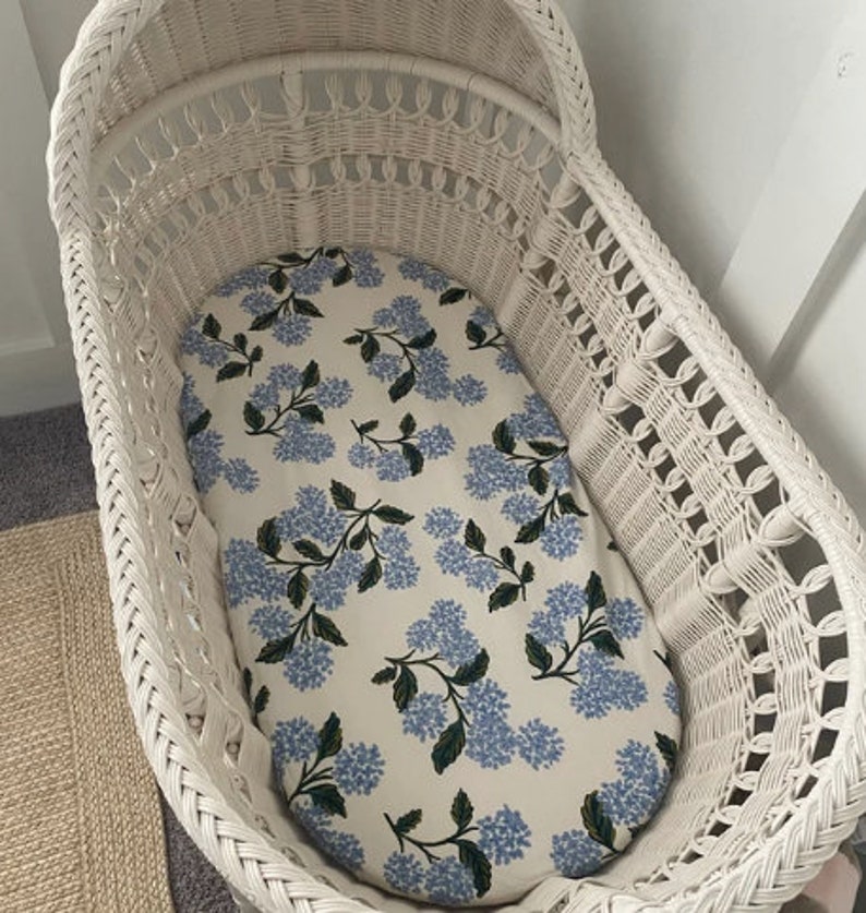 Rifle paper co. Crib Bedding .white blue floral baby Hydrangea .Mini Crib sheet .Blue Changing Pad Covers .Fitted Crib Sheet Vintage Floral image 6