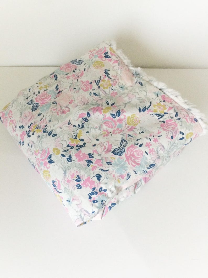 Gray Pink Blanket Girls Nursery Blanket Floral Fur Blanket Ready to Ship Girls Stroller Blanket Ready to Ship Boho Nursery Bedding