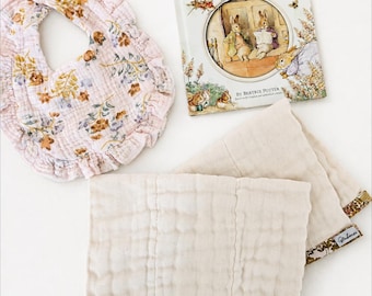 Cottagecore Baby Girl Gift Set |LIBERTY LONDON Beatrix Potter Peter Rabbit Nursery Gift Bundle | Vintage Floral Ruffle Muslin Bib Burp Cloth