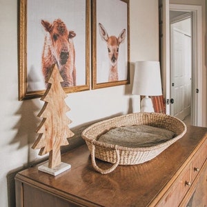 May include: A wooden dresser with a wicker bassinet on top. The dresser has a brown finish and is decorated with a wooden tree and two framed animal prints. The prints feature a baby bison and a baby deer.