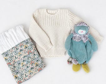 Baby Gift Set • Cream Ribbed Knit Sweater, Handmade Botanical Burp Cloth, Premium Plush Cat Lovey • Heirloom Baby Shower
