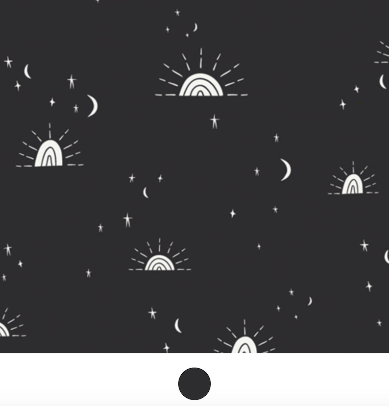 May include: A black fabric featuring a repeating white line art pattern of suns rising over a horizon, crescent moons, and various sizes of stars scattered across the surface. The design is consistent and evenly spaced throughout the material.