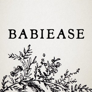 May include: A cream-colored background with the word "BABIEASE" in bold black letters. Below the text is a black and white floral illustration, featuring leaves and small flowers, adding a touch of nature to the design.