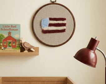 Americana Nursery Wall Art, Felted Wool US Flag Decor, Tan Gingham Hoop Art, Vintage Style Patriotic Kids Room Decor, Primitive Fiber Art