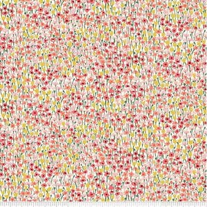 May include: A fabric with a floral pattern featuring small pink and yellow flowers on a cream background. The flowers have green stems and are densely packed, creating a field-like appearance. A ruler is at the bottom.