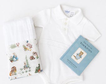 Peter Rabbit Inspired Baby Gift Set • Vintage Knit Romper, Handmade Tom Kitten Burp Cloth, Hardcover Book • Nostalgic Baby Shower Gift Bundl