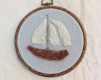 Hand Embroidered Sailboat Hoop Art | Nautical Nursery Decor | Coastal Wall Hanging