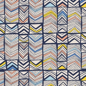 May include: A seamless pattern with a geometric design featuring a variety of chevron patterns in blue, yellow, and pink. The pattern is set against a dark blue background.