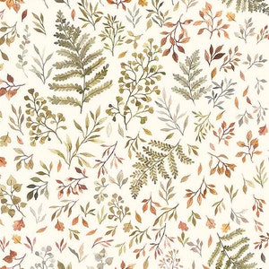 May include: A repeating pattern of watercolor-style botanical illustrations. The design features various types of leaves and branches in shades of green, brown, and orange, set against a cream-colored background. The overall theme is nature and autumn.