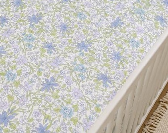 Blue Floral Crib Sheet / Mini Crib Bedding / Cottagecore Baby Bedding / Soft Cotton Nursery Bedding / Bassinet Sheet / Changing Pad Cover