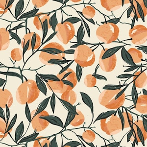 May include: A seamless pattern featuring orange fruit and green leaves on a cream background. The fruit is stylized and painted in a loose, painterly style.