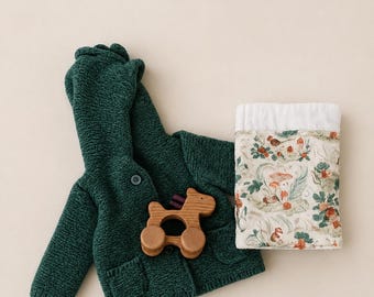 Handmade Baby Gift Set | Knit Hooded Cardigan, Woodland Burp Cloth & Wooden Animal Pull Toy | Neutral Baby Shower Gift