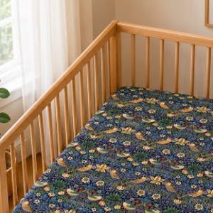 William Morris Strawberry Thief Crib Sheet: Navy Blue Toile Bedding