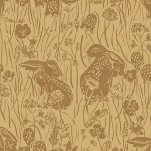 May include: A seamless pattern featuring a repeating design of stylized rabbits and wildflowers in a muted gold color.