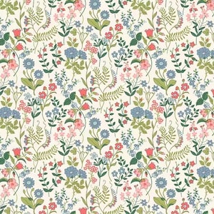 May include: A floral pattern featuring a cream background with a dense arrangement of flowers and foliage. The design includes pink, blue, and red flowers, along with green leaves and stems. The overall aesthetic is delicate and botanical.
