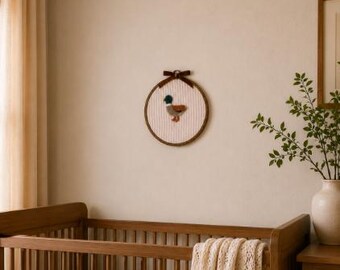 Needle Felted Mallard Duck Nursery Decor | Woodland Animal Wall Art | Handmade Felt Art in Wooden Hoop Frame