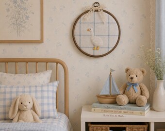 Handmade Needle Felted Goose Hoop Art - Neutral Farmhouse Nursery Wall Decor, Blue Plaid Gingham Textile Art, Country Cottagecore Fiber Gift
