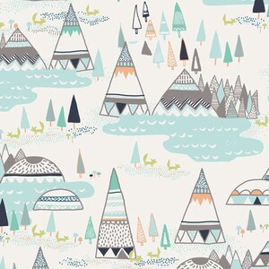 May include: A whimsical pattern featuring stylized mountains, trees, and foxes in shades of gray, teal, and orange on a cream background. The design includes geometric shapes and a lake-like element, creating a playful, outdoorsy theme.