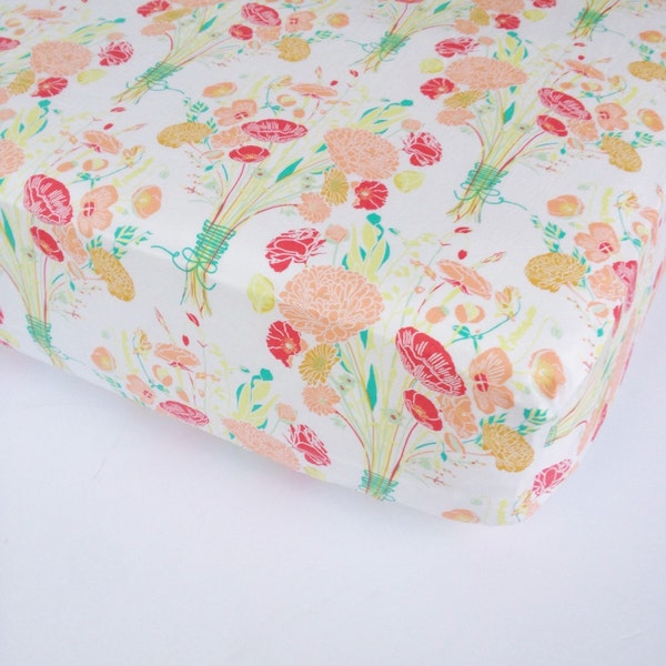 SALE Girls Baby Bedding READY to SHIP - Floral Crib Sheet - Baby Sheets / Fitted Cot Sheet /Flower Bouquet Crib Bedding /Coral Green