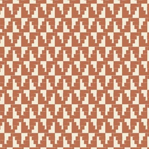 May include: A seamless pattern with a geometric design. The pattern is made up of alternating squares of white and a burnt orange color. The squares are arranged in a staggered pattern, creating a visual illusion of depth.