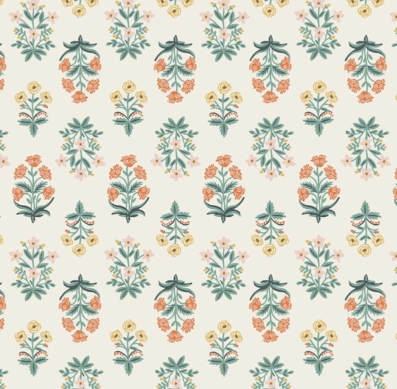 May include: A repeating pattern of stylized floral bouquets in shades of orange, yellow, green, and pink on a cream background. The bouquets are arranged in a symmetrical design, creating a visually appealing and decorative pattern.